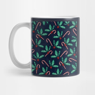 Blue Green Holly Leaves Red Berries Candy Cane Paint Mug